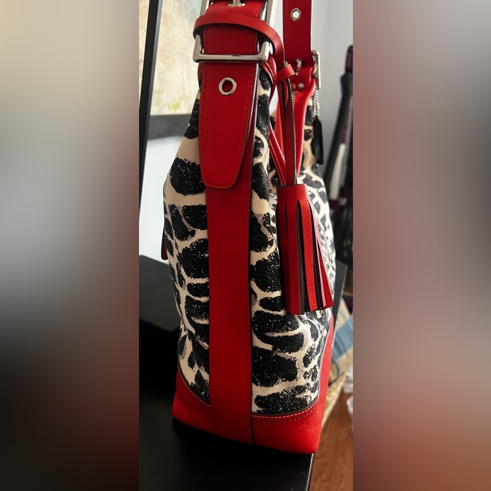 COACH Legacy Ocelot Print Hobo Black Red Multi Canvas Leather Handbag - Picture 7 of 14